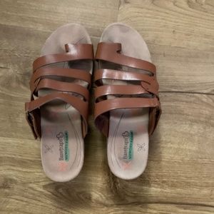 BareTraps Faux Leather Brown Wedge Slip on Sandals with Memory Foam